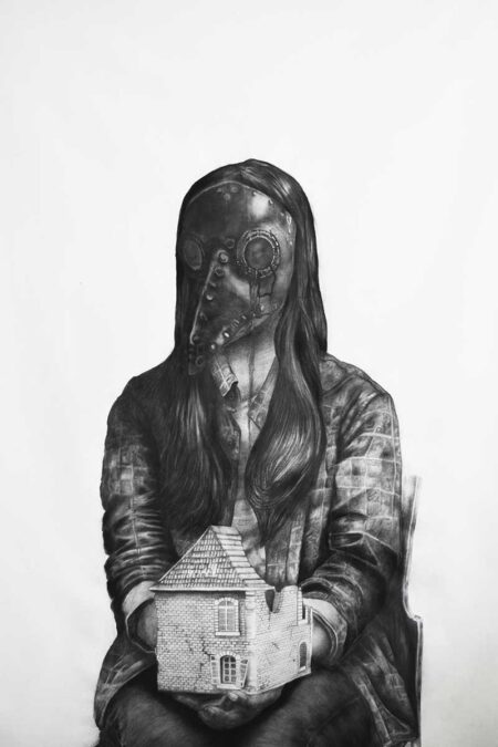 Mis fantasías más temidas son mi infancia. Carbonilla, grafito y tinta sobre tela 140x90 cm. Año 2021.