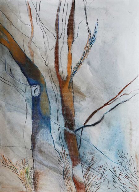 Sin titulo. Serie Incendios. Tintas, lápices acuarelables y tiza pastel sobre papel 24,50x34,50 cm. Año 2020.