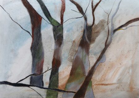 Sin titulo. Serie Incendios. Tintas, lápices acuarelables y tiza pastel sobre papel 24,50x34,50 cm. Año 2020.